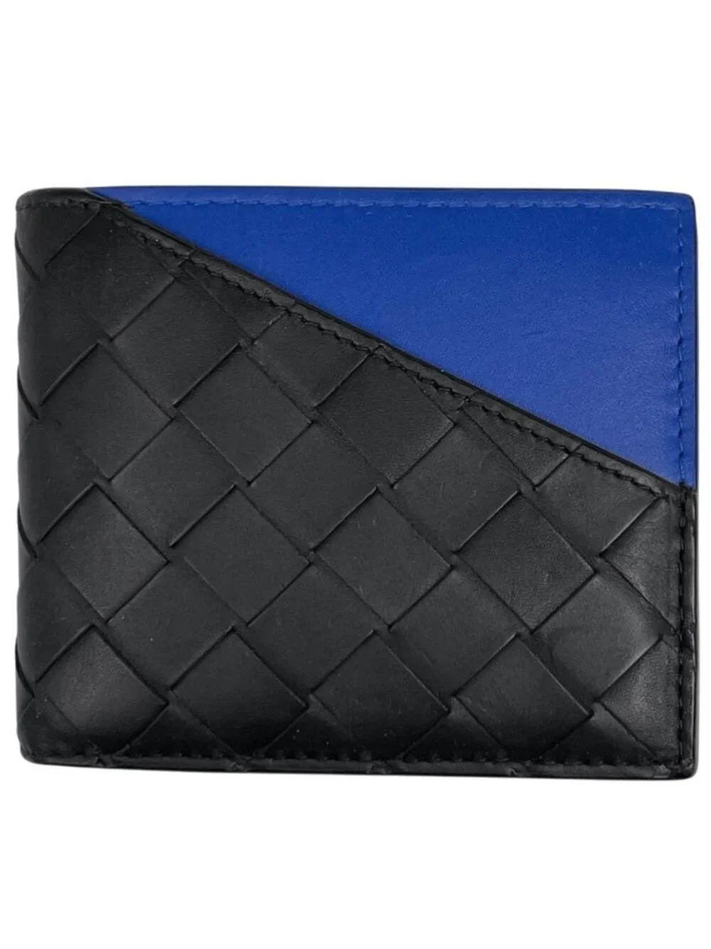 Bottega Veneta Intrecciato Bifold Wallet Bicolor Leather Black Blue